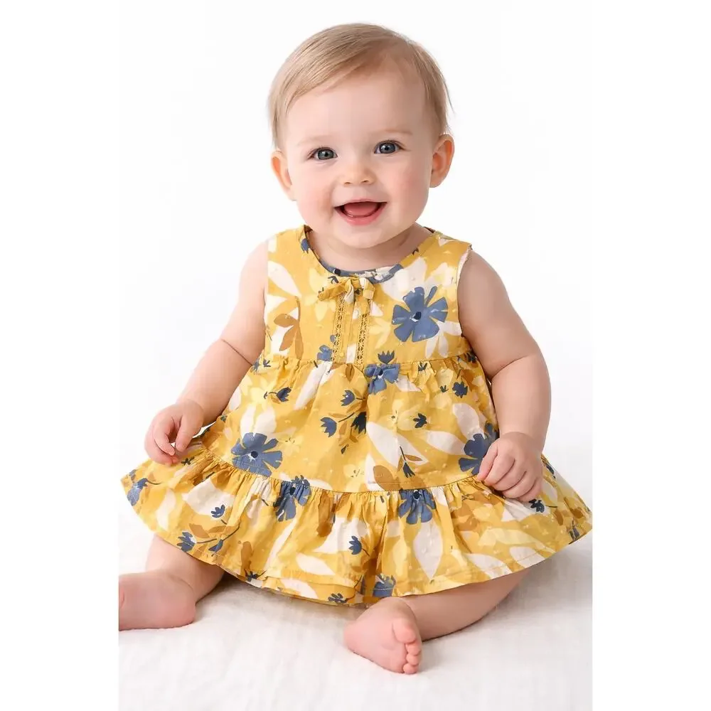 Tommy Bahama Baby Dress Girls 3 - 6 Month Sleeveless Yellow Blue Floral Ruffle